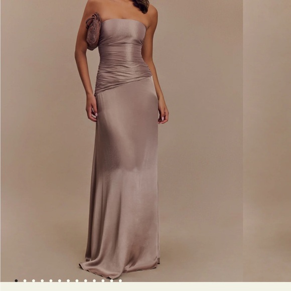 Meshki Satin Strapless Maxi Dress in Taupe - Picture 2 of 5